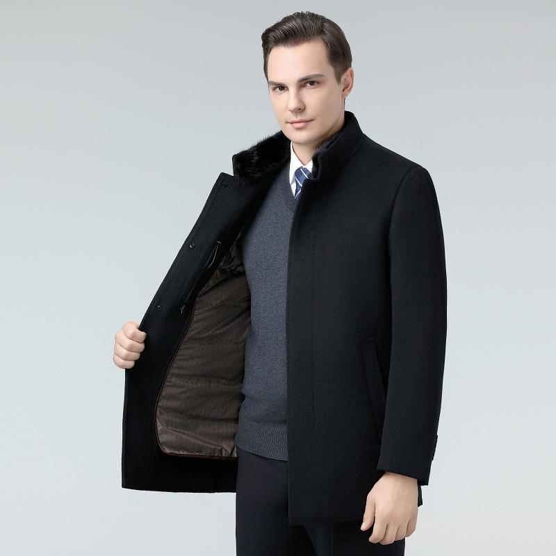 New Men's Woolen Coat Mid-length Mink Fur Collar Double-sided Cashmere Coat Winter Down Liner Top