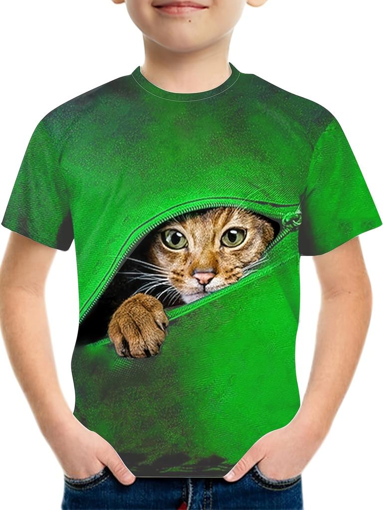 Boy's Zipper Cat Graphic Kids's T-shirt Fashion Short Sleeve Tops Boy Girl T-shirt Animal 3D Printed Summer Children's Clothing