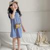2024 Girls' Korean Style Navy Striped Sleeveless Mid-Length T-Shirt Dress