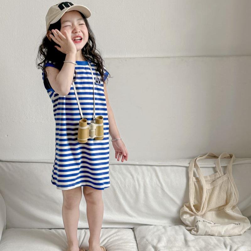 2024 Girls' Korean Style Navy Striped Sleeveless Mid-Length T-Shirt Dress
