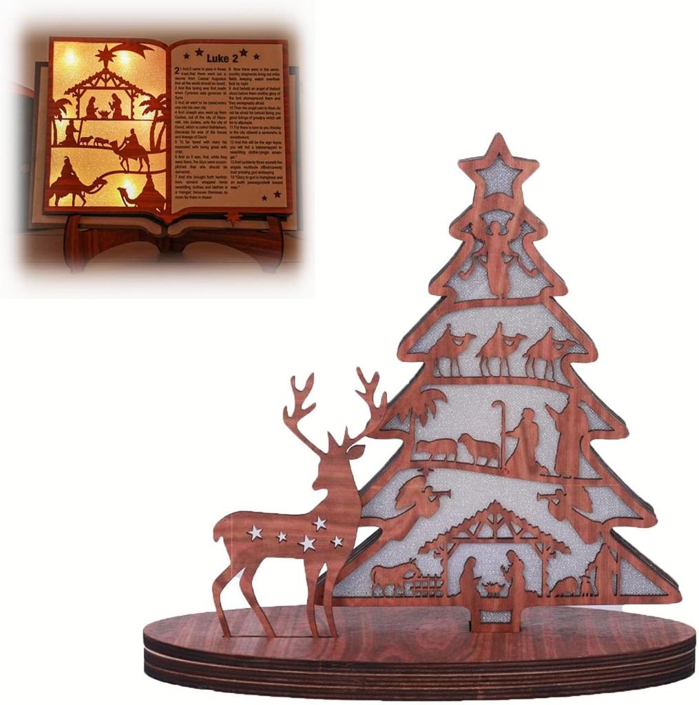 Espositore per libri di presepe in legno di Natale 3D con luce, set per presepe in legno, decorazioni per presepe con luce a LED per decorazioni per scaffali