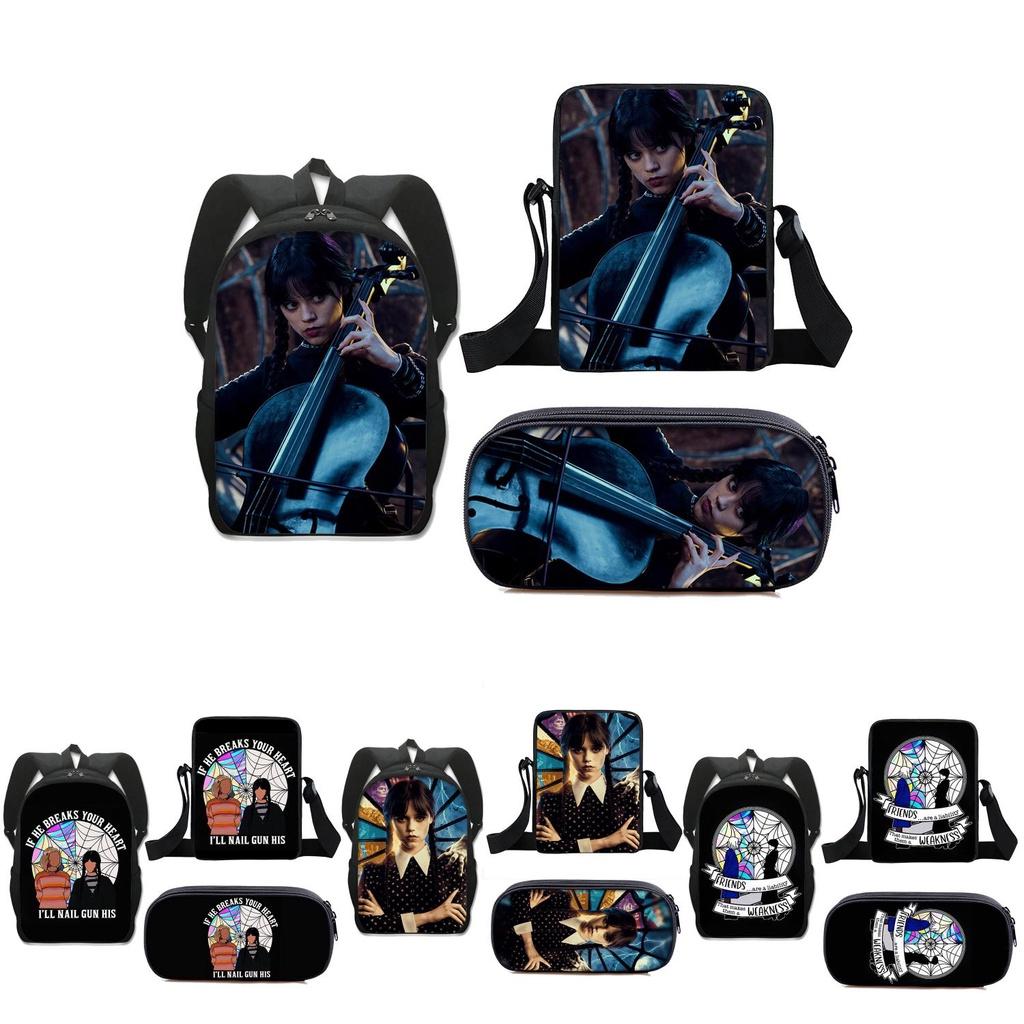3pcs Wednesday The Adams Family Backpack+shoulder Bag+pencil Case Set Kids Gift