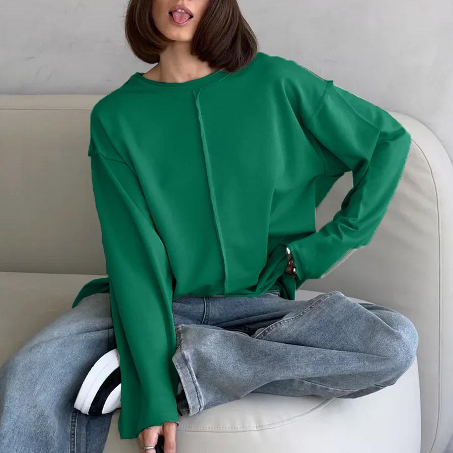 

Жіночі футболки з довгим рукавом оверсайз Базова футболка з круглим вирізом Весняно-осінні світшоти Повсякденний одяг для тренувань Модні однотонні бавовняні пуловери для жінок L/XL зелений