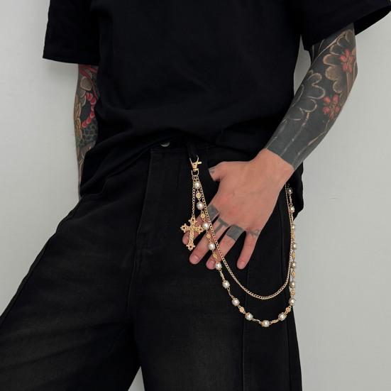 Pants Chain Faux Pearls Metal Flower Decor Wallet Chain Multi-layered