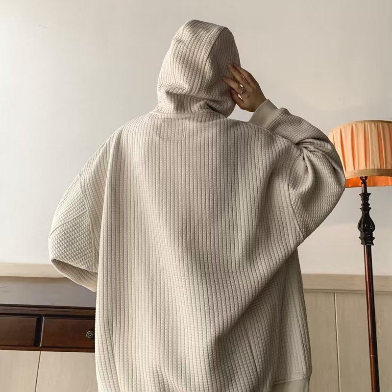 Japanese Style Hooded Open Cardigan Sweatshirt Men's Spring Autumn Heavy Pure Color Loose Trendy Jacket Couple Outerwear