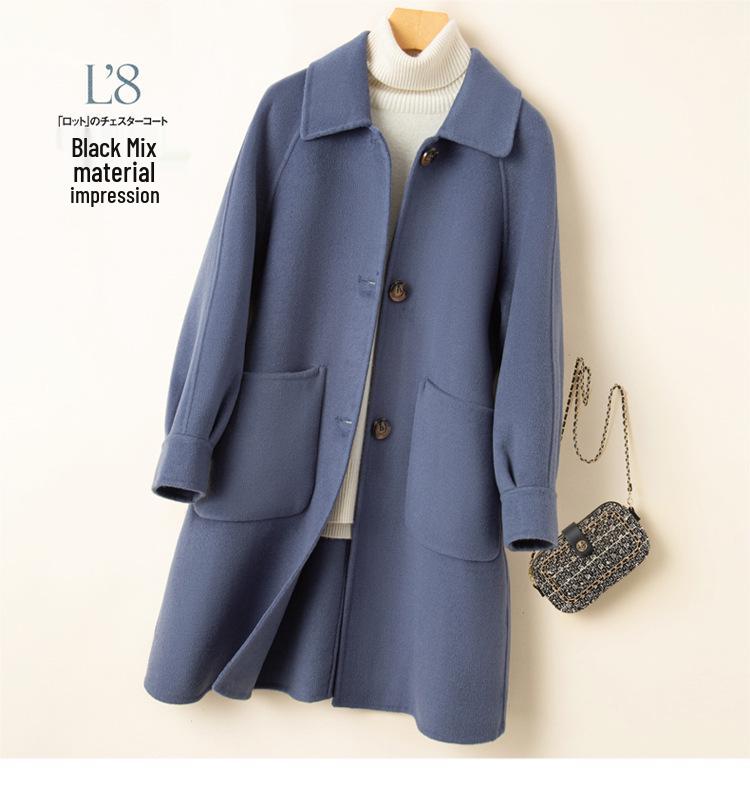 Dámský kašmírový kabát střední délky oboustranný na podzim/zimu - Petite, Čistě ručně šitý, Celovlněný, Zesílený design