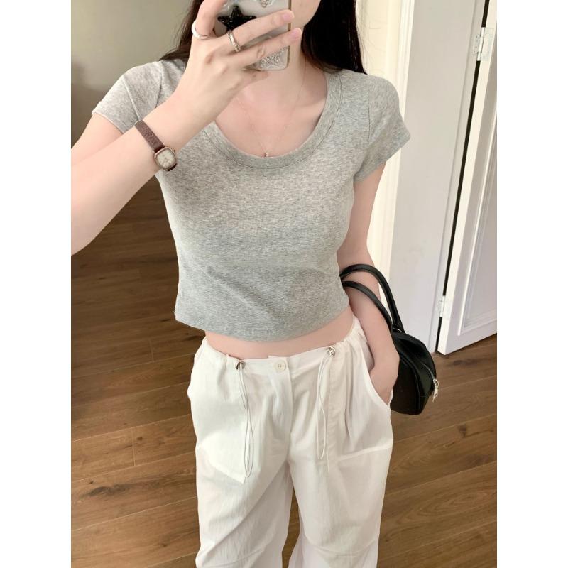 Camiseta de algodón puro de color liso con cuello en U y hombros descubiertos para mujer, nueva camiseta de verano, corta y ajustada.