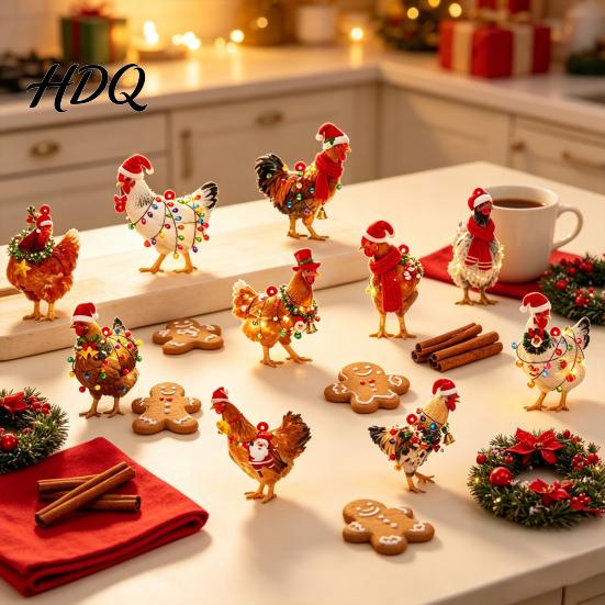 Funny Chicken Exchange Gifts for Friends Mini Christmas Ornament Cute Rooster with Santa Hat Wooden Xmas Tree Rustic Hanging Decor Decoration,