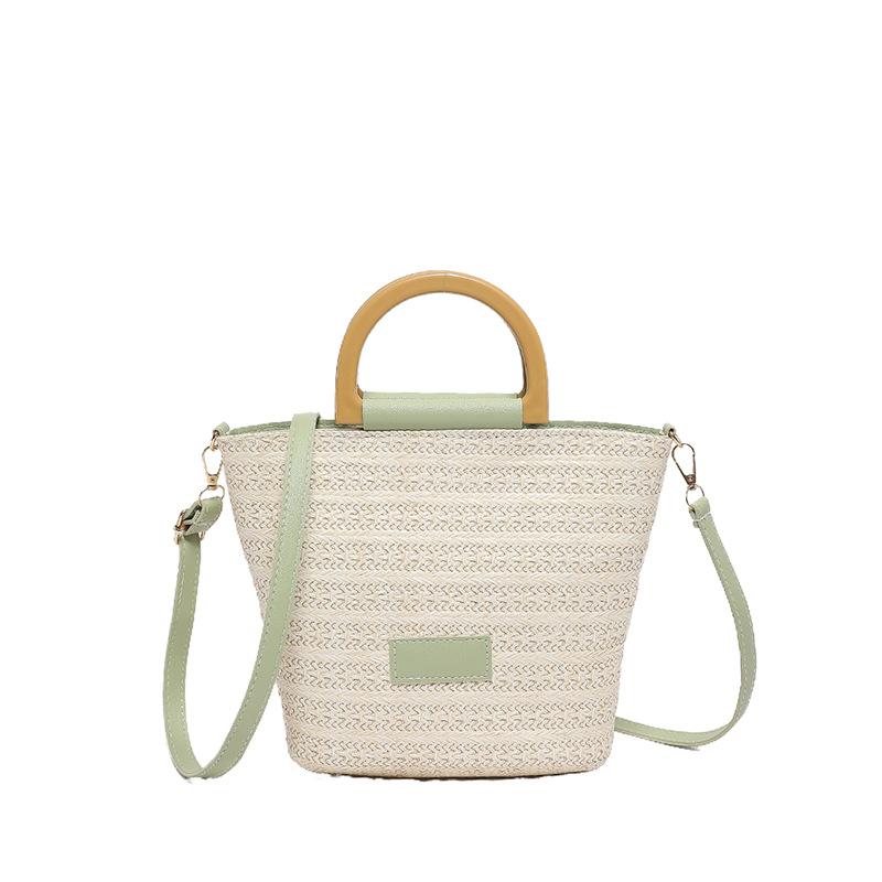 Beach woven contrasting color bucket bag women's 2025 summer new casual handbag fashion trendy shoulder messenger bag