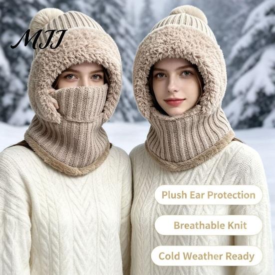 Elastic Warm Hat for Running Windproof Balaclava, Knitted Ski Mask Hat, Fleece Lined Knit with Winter Balaclava Men And Women Pompom, Cozy Neck Warmer