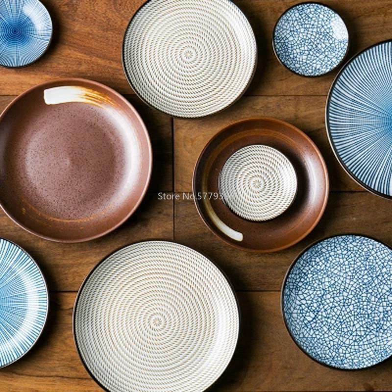 Japanese Traditional Style Ceramic Tableware Dinner Plates Porcelain Dishes Saucer Plate Sushi Plate Rice Noddle Dinnerware