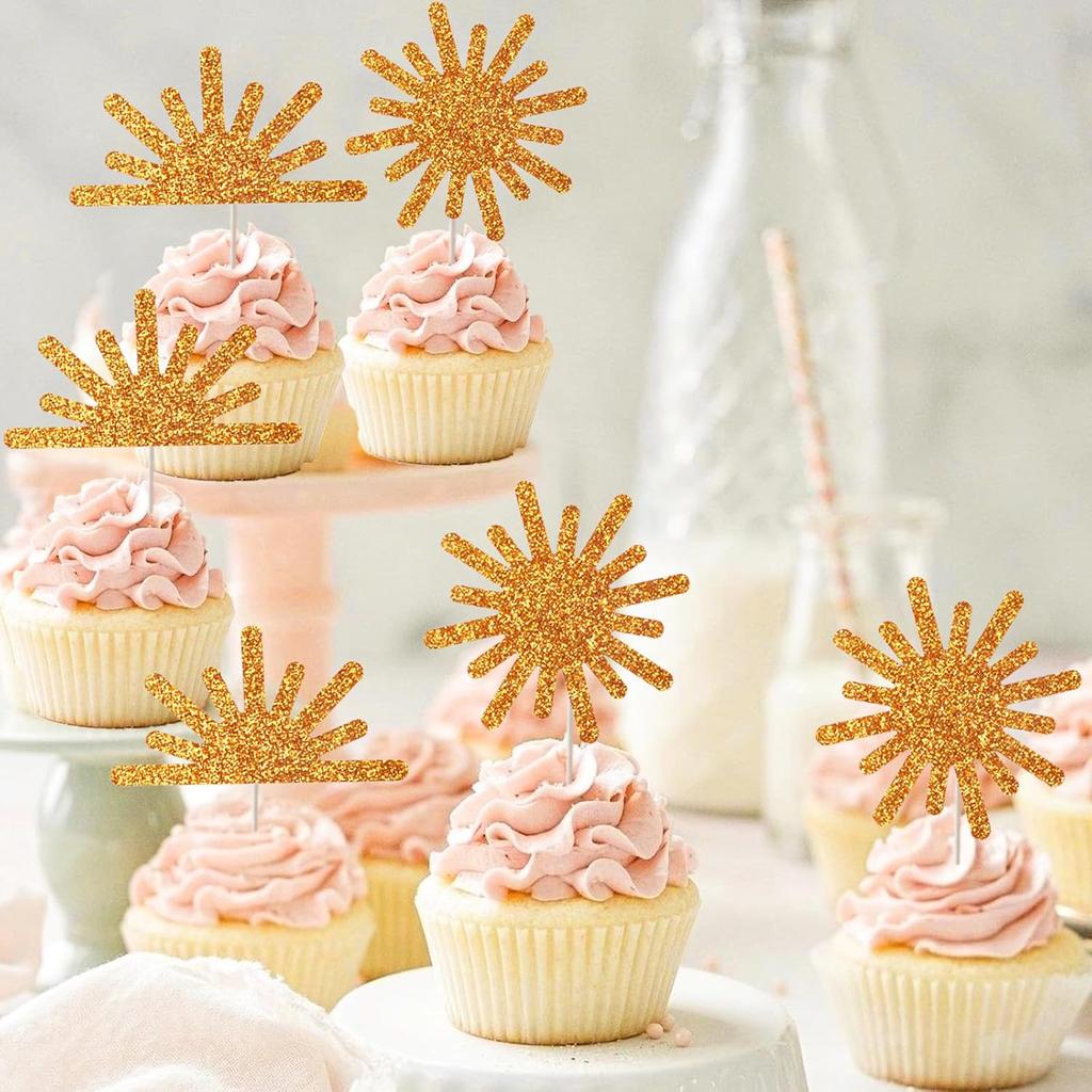 26pcs Sun Cake Golden Sun Cake Cupcake Toppers Ball Dessert Picks, Sun Theme Birthday Party Baby Shower Celebration Photo Props