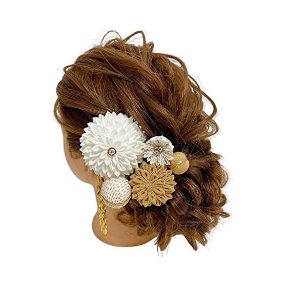 Dahlia Tsumami Zaiku Hair Ornaments, White, Gold, Ball Kanzashi, Tassel, for Coming-of-Age Ceremony, Graduation, Wedding, Shichi-Go-San, Hakama,