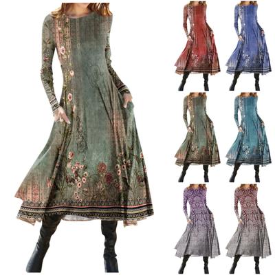 Γυναικείο φόρεμα casual με στάμπα με στρογγυλή λαιμόκοψη με μακρυμάνικο φόρεμα