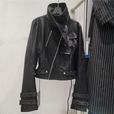Yeni moda çok yönlü dik yakalı fermuarlı yamalı örgü kadın ince kesim biker ceket üst