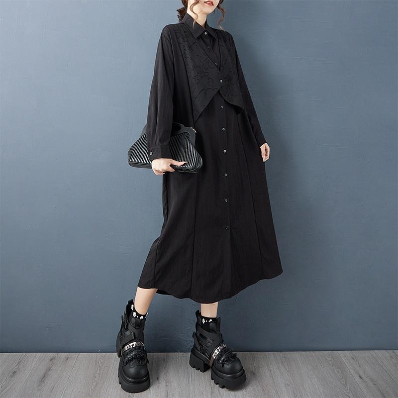 Long sleeve Plus size vintage Black new in dresses for women casual loose Spring autumn shirt dress