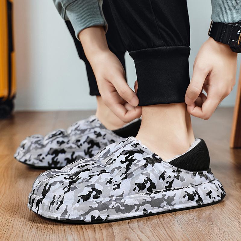 Herren Hausschuhe Winter Camouflage Wasserdichte Hausschuhe Indoor Baumwollschuhe Fell Slipper Lässige Plüschschuhe Dicke Sohlen Haus Schuhe