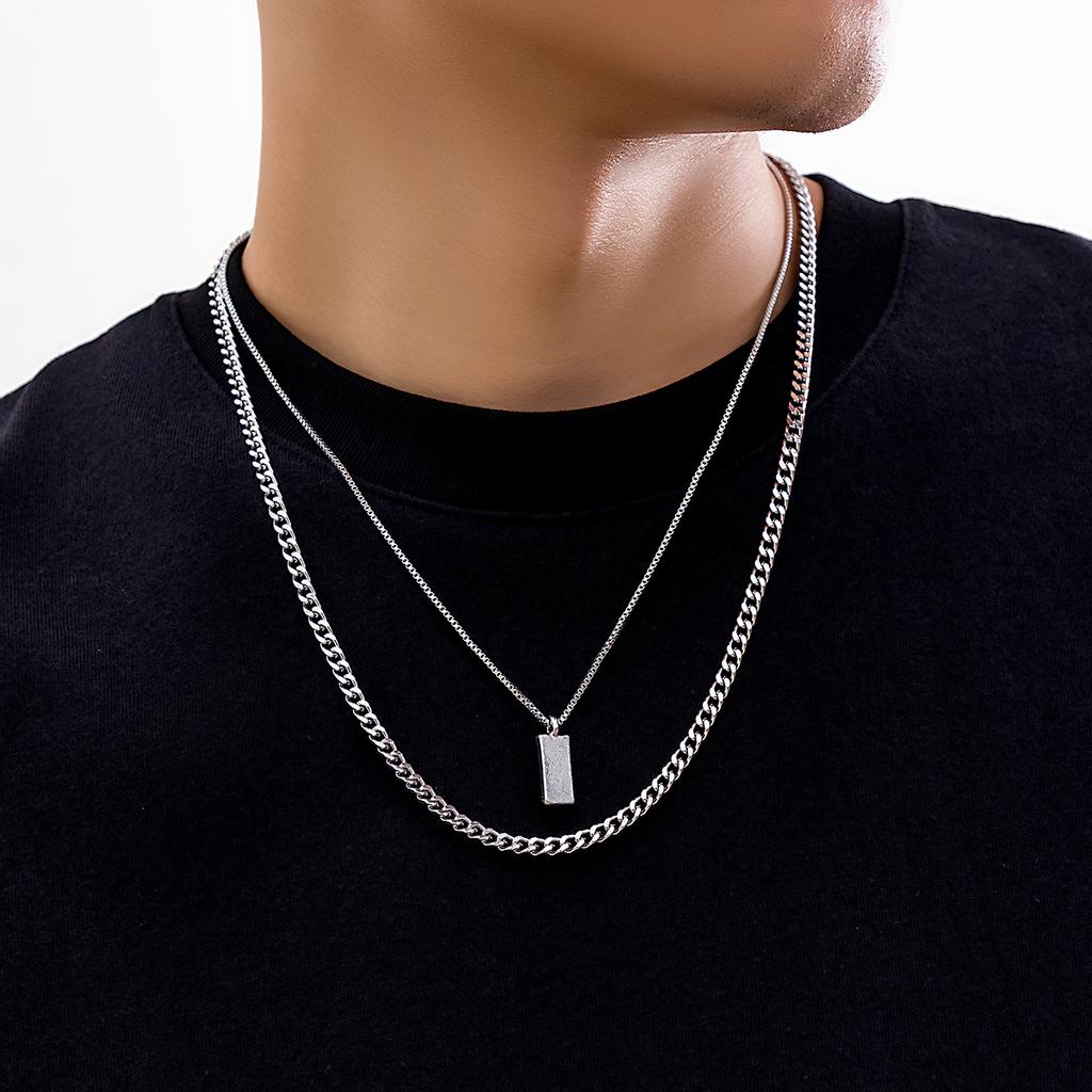 KunJoe 2Pcs/Set Trendy Simple Square Pendant Necklace for Men Punk Silver Color Cuban Link Chain Choker Necklace Male Jewelry