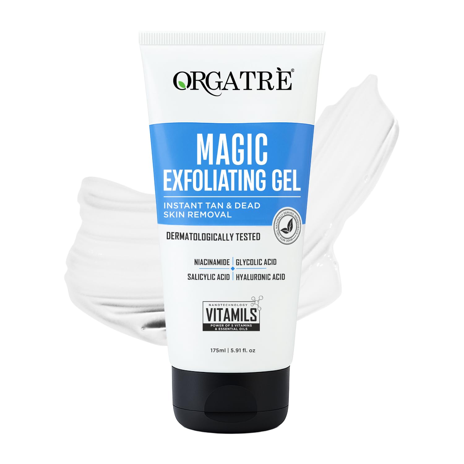 ORGATRE Magic Exfoliating Scrub Gel for Face & Body | Tan Removal & Dead Skin Exfoliator with Glycolic Acid, Niacinamide & Hyaluronic Acid | 175ml