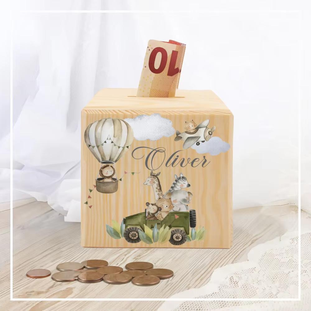 Spersonalizowana Skarbonka Zwierzę z Imieniem Skarbonki dla Dzieci Pudełko na Kolekcję Monet Drewniany Banknot Bank Dziecięce Urodziny Chrzciny Baby Shower Prezent