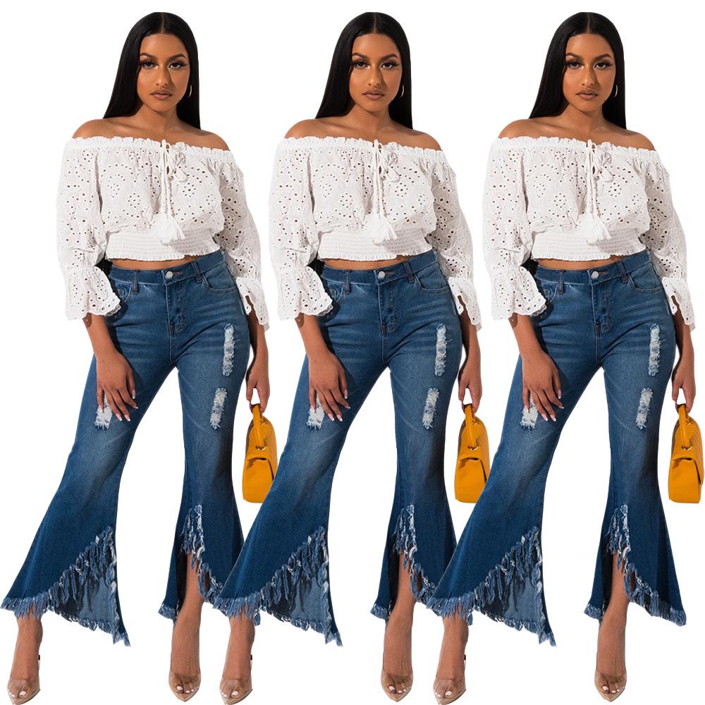 Distressed Raw Hem Wide Leg Bell Bottom Denim Pants L