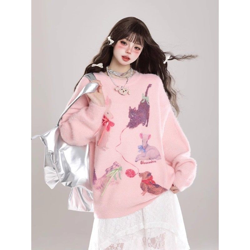 

Cute Women Cartoon Pattern Sweater Lazy Style Gentle Round Neck Knitted Sweaters Autumn Fashion Versatile Lady Pullover Top Onesize