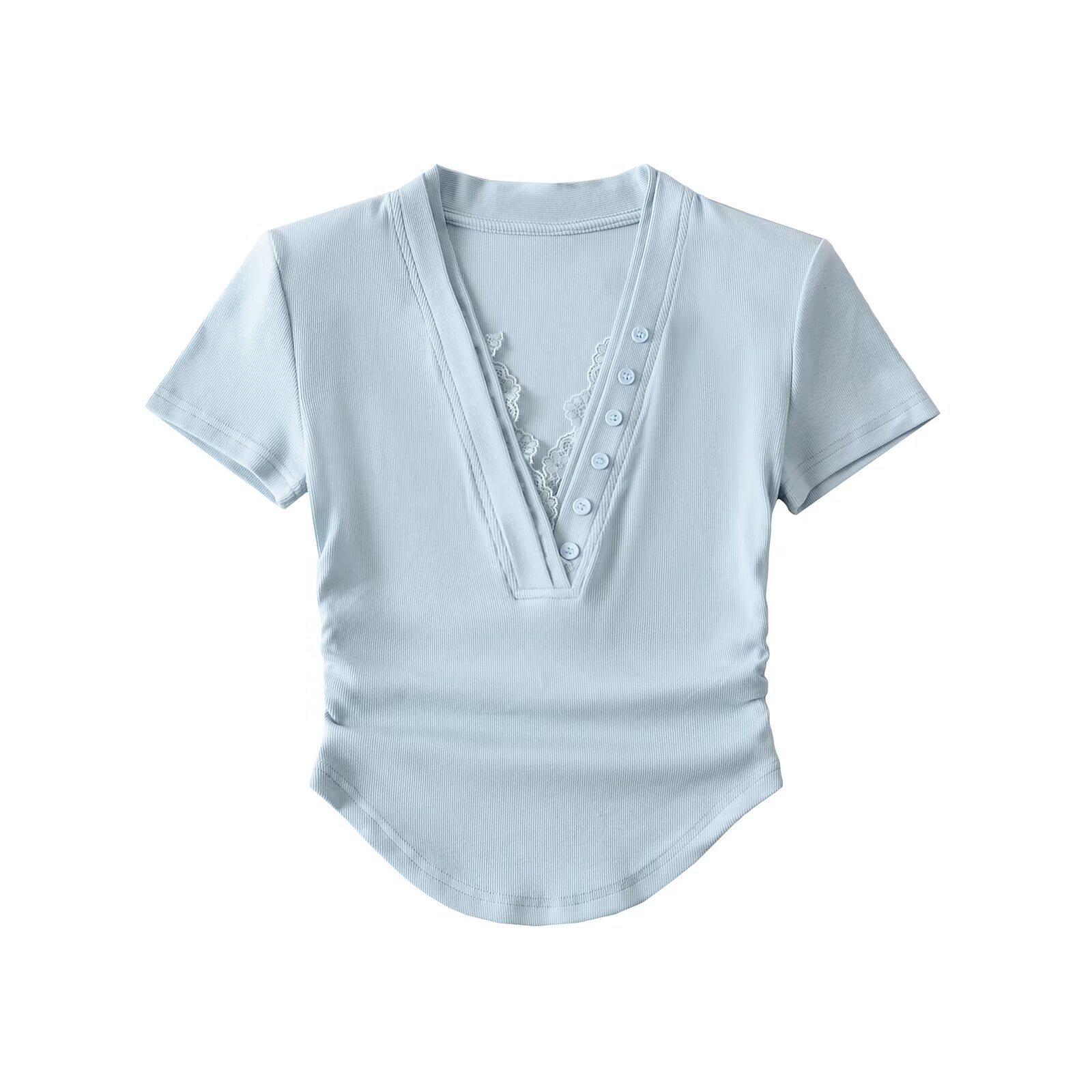 

2025 Spring/Summer Women s Slim-Fit V-Neck Lace Patchwork Ruched T-Shirt Small світло-синій колір