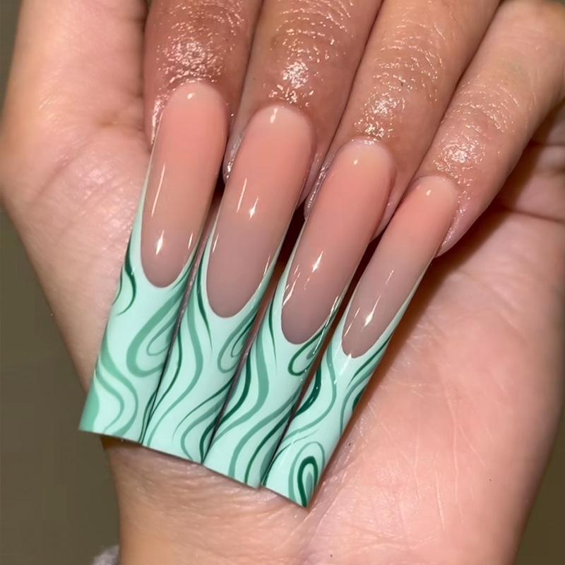 European & American Style Long Green Pattern Press-On Nails with Removable Nail Art