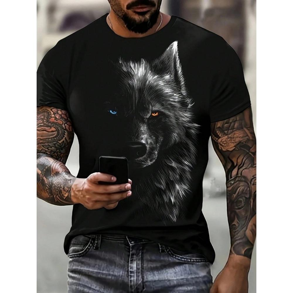 Fashionable Summer Men's Domineering Wolf Print Pattern Breathable Round Neck T-shirt Outdoor High Street Casual Top