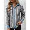Women Color Block Stripe Splicing Loose Long Sleeve Collared Shirt
