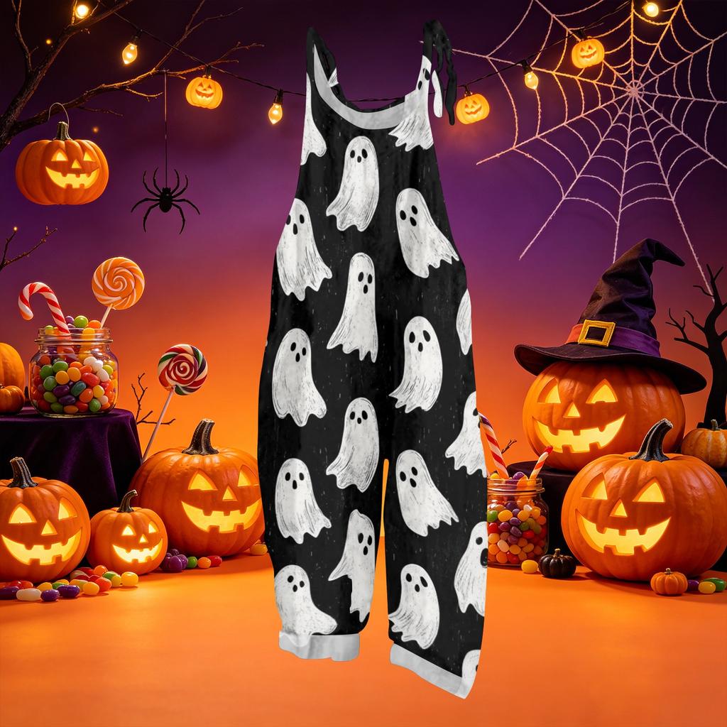 Loose Fit Halloween Print Cotton Linen Overalls Casual Vintage Style Sleeveless Jumpsuit Adjustable Shoulder Straps