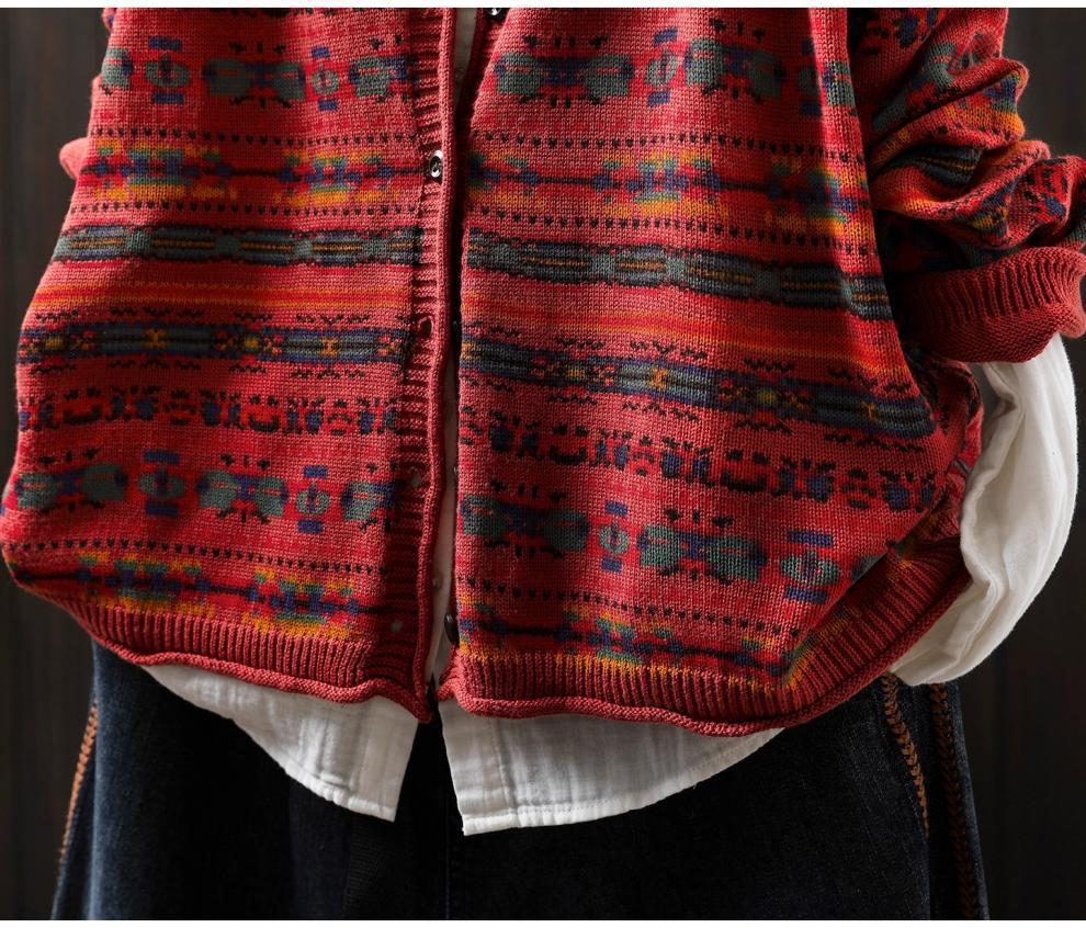 Autumn 2025 Women's Retro Print Loose Knit Cotton Cardigan