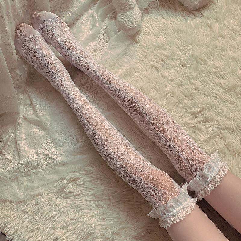 Lolita Long Tube White Lace Mesh Female Over-knee High-tube Thigh Middle-tube Calf Socks Thin Section Student Jk Black And White