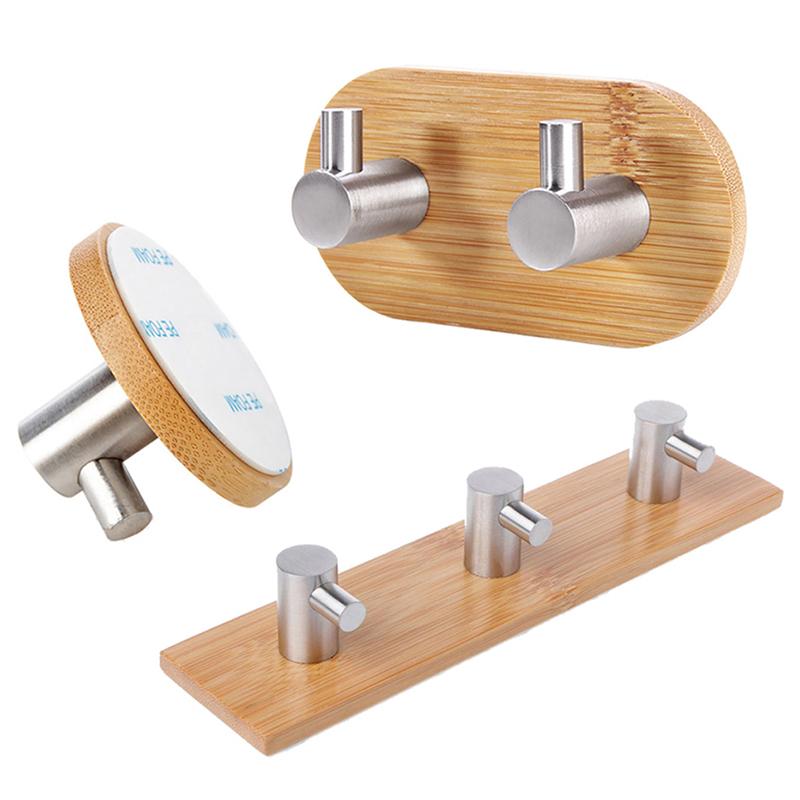 Bamboo Clothes Hook Towel Keys Adhesive Hook Stainless Steel Rustproof Coat Towel Holder Kitchen Bathroom Decorative Hanger