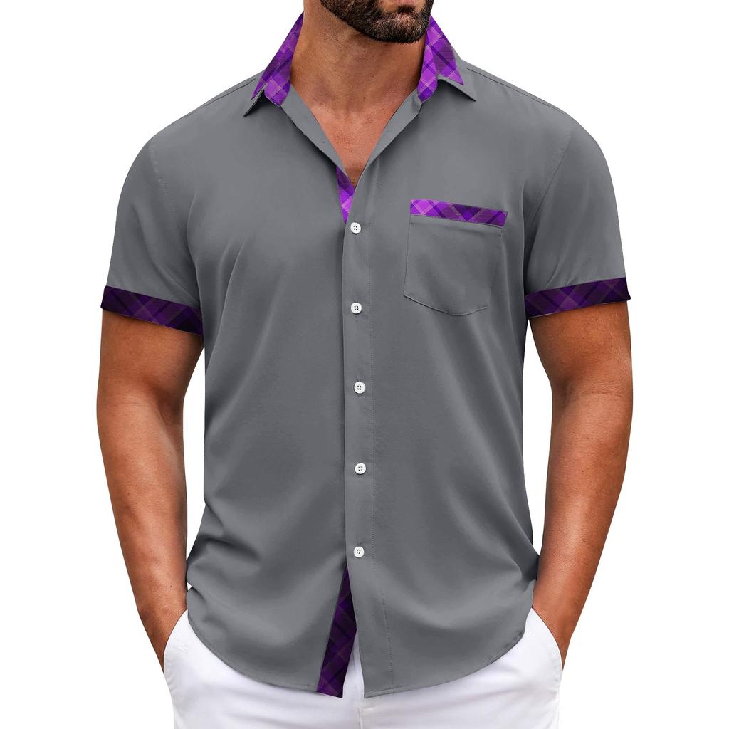 Pánské kostkované košile s krátkým rukávem s potištěným knoflíkem Pánská móda pro volný čas Košile s krátkým rukávem