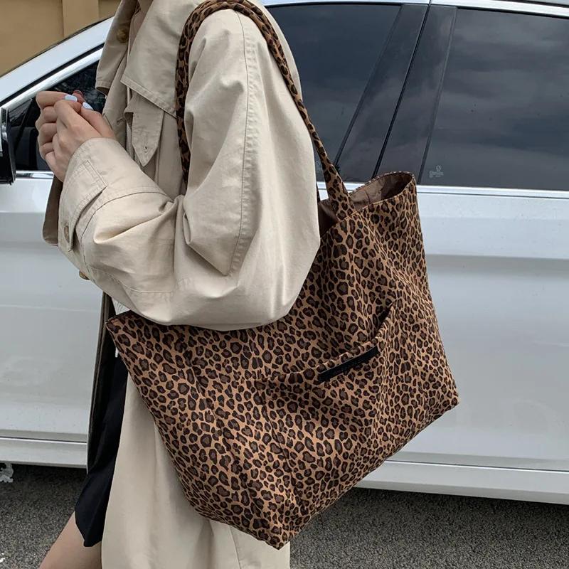 Retro Leopard Tote Handbags for Women College Girls Class Book Shoulder Bags Casual Double-sided Female Large Shopping Bag