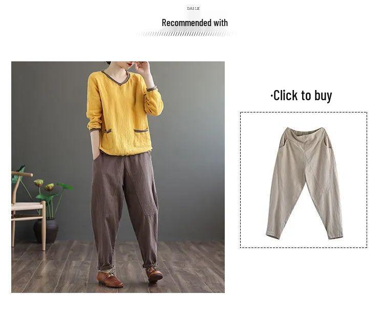 Plus Size Retro V-Neck Cotton Linen T-Shirt for Spring/Autumn - Long Sleeve, Loose Fit, Versatile Pullover for Women