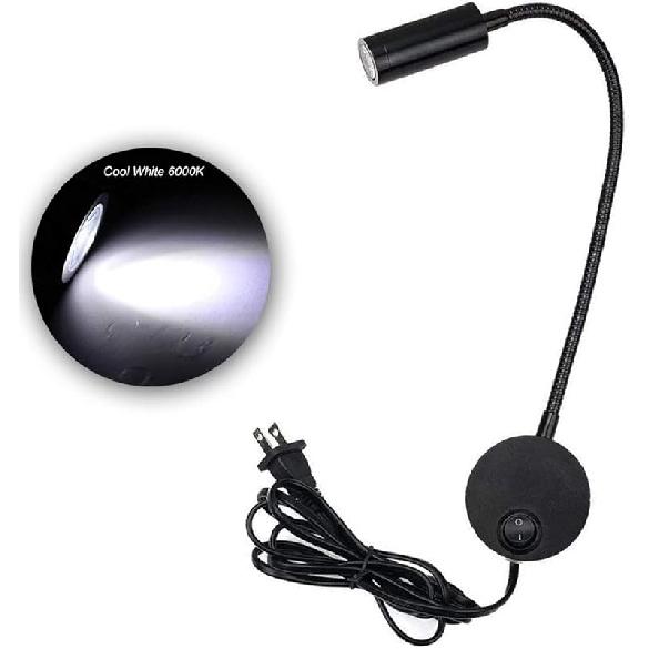 3W LED Bedside Reading Light Flexible Gooseneck Book Lamp Wall Mount Headboard Spotlight with Plug and On/off Switch for Working, Study, Art Display