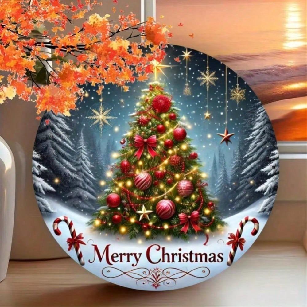 Christmas Tree Metal Sign Round Iron Wall Art Home Kitchen Living Room Garden Decor