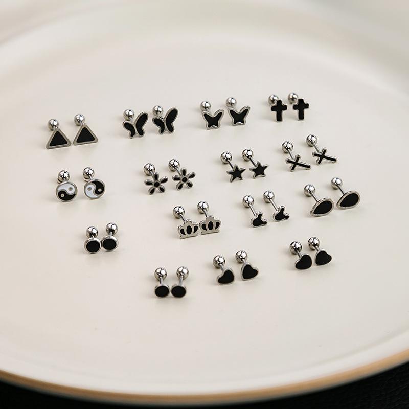 Stainless Steel Geometric Black Cross Earrings: Simple, Versatile Love Heart Design with Drip Oil Finish for Women.