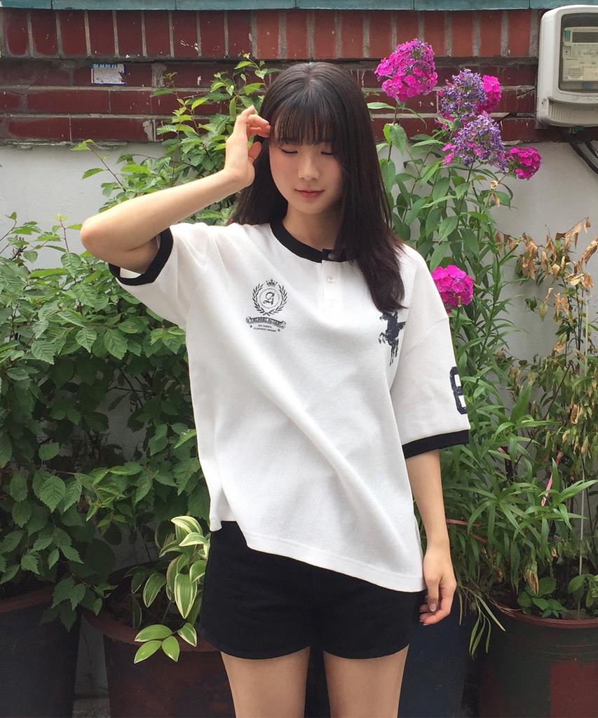 AWESOME STUDIO Waffle Henley Neck Ringer Color Block Tee White