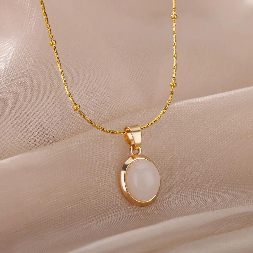 

Cute Sweet Gold Color Stainless Steel Water Drop Opal Stone Pendant Necklace for Women Charm Bride Collar Jewelry Colorfast білий