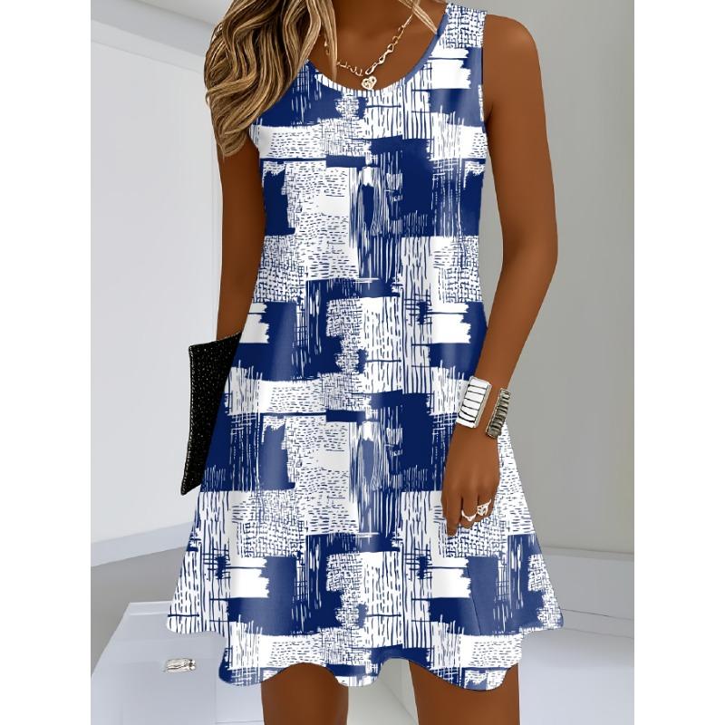 2026 New Women S Sleeveless Dress, Retro Color Block Striped Print, Slim Flared, Daily & Vacation Essential S