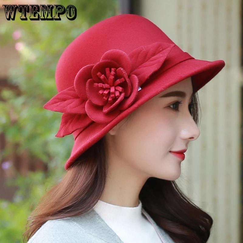 WTEMPO Women's Autumn Winter Casual Verstaile Retro Elegant Flower Formal Hats Cold-proof Windproof Warm Solid Color Bucket Hats