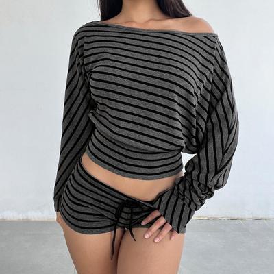Amerikanisches scharfes einärmeliges gestreiftes T-Shirt: Damen Herbst Lässiges Cropped Top mit Taillenschnürung