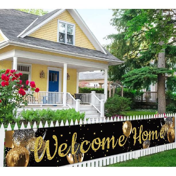 Large Welcome Home Banner, Black Gold Welcome Home Party Supplies Decoration, Family Gathering Party Supplies Decoration (9.8 X 1.6 Feet)