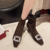 Elastic Women's Winter New Pointed Rhinestone Square Buckle Fashionable Velvet Warm Stiletto Short Boots
