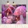 2D Glowing Pink Mushroom Cottages Flat Printing Backdrop with Magical Forest