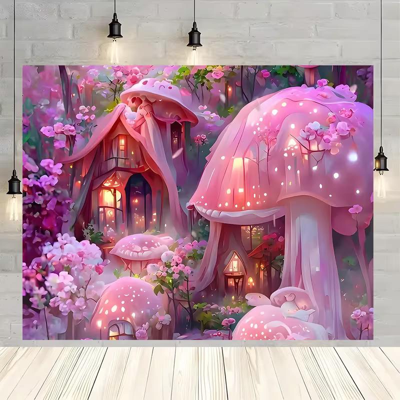 

2D Glowing Pink Mushroom Cottages Flat Printing Backdrop with Magical Forest 47.2x31.5inch/120*80cm
