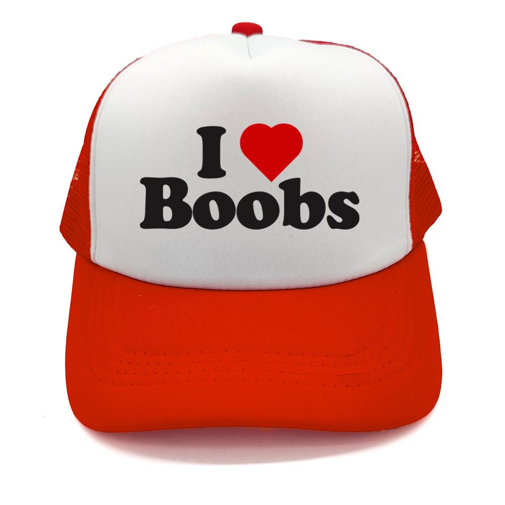 Funny I Love Heart Boobs Boobies Baseball Caps Summer Men Mesh Net Hat Joke Gifts Trucker Cap Outdoor Mesh Net Caps MZ079